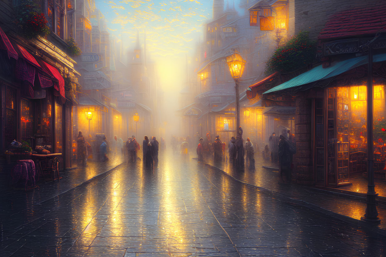 Misty street scene with vintage lamps and bustling silhouettes