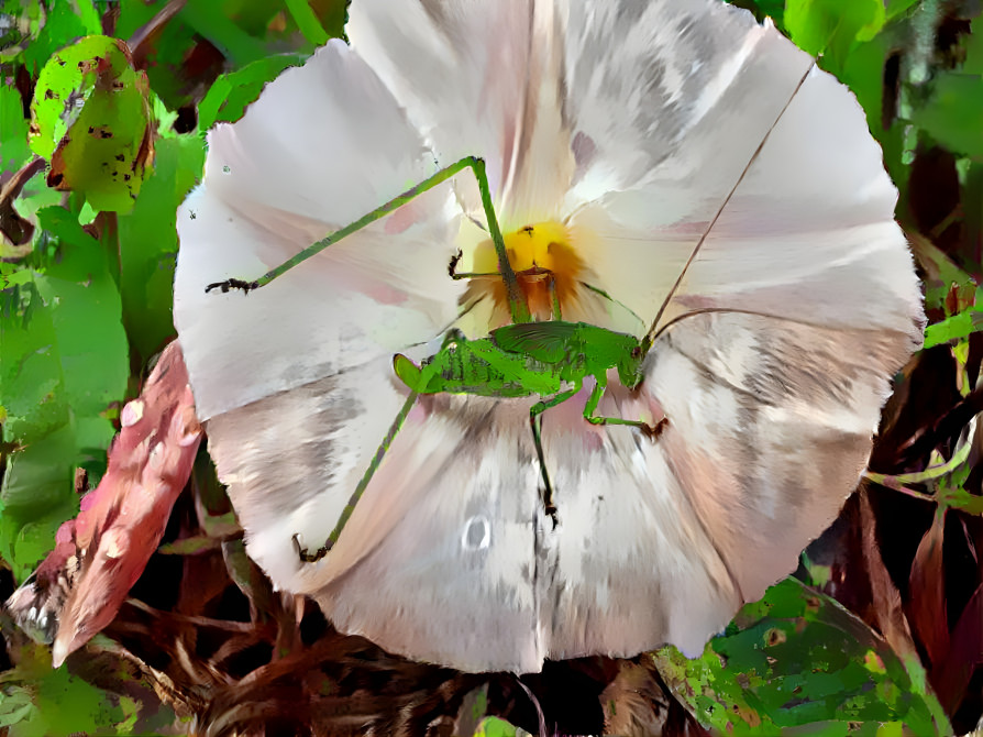 a grasshopper sleeping on morning glory 13