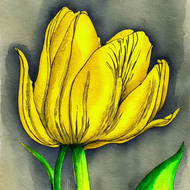 Vibrant Yellow Tulip Watercolor Illustration on Grey Background