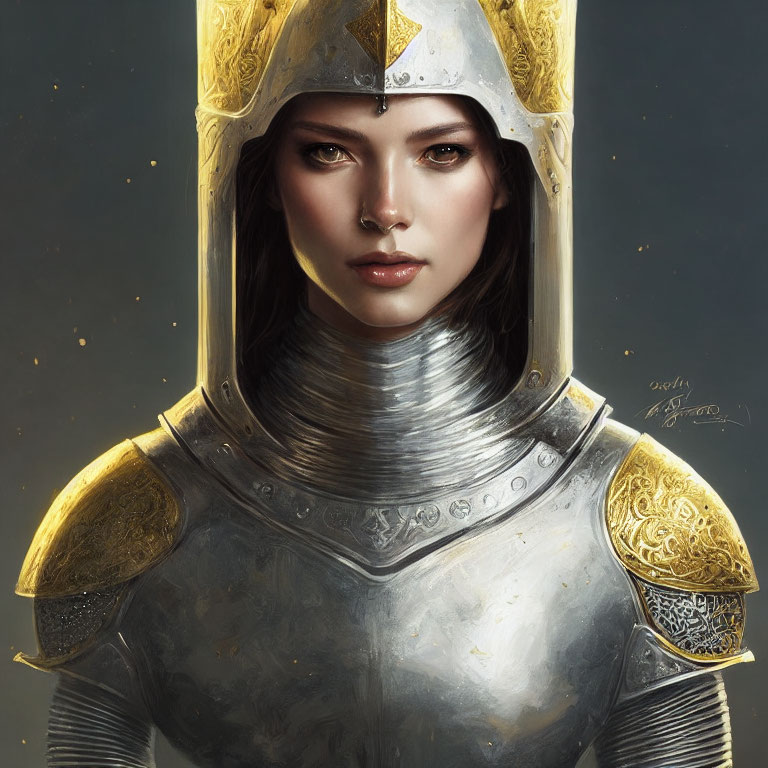 Detailed Medieval Helmet Woman with Golden Accents and Metal Armor