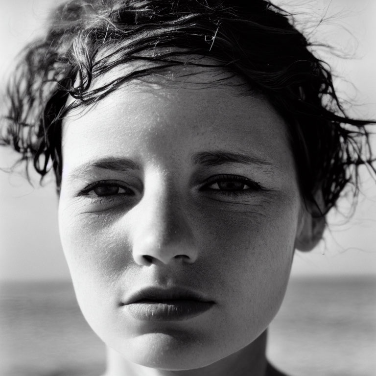 Monochrome portrait of young person with windblown hair