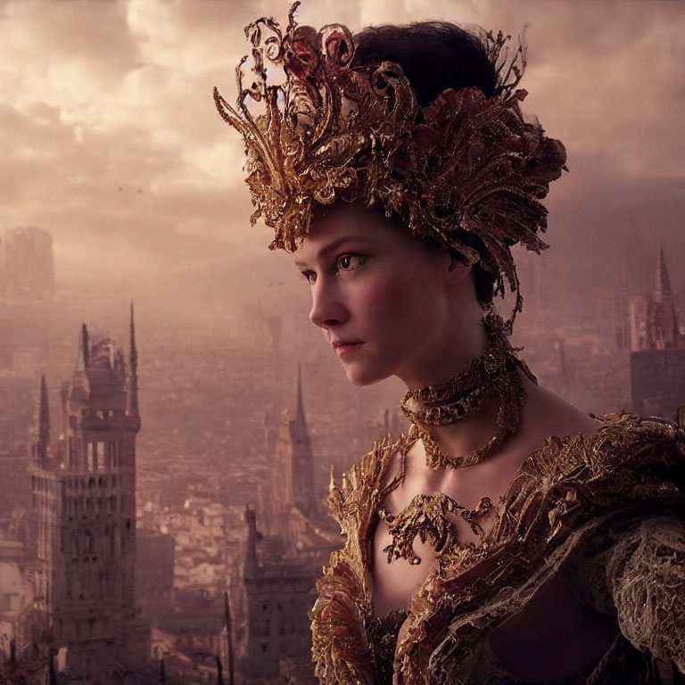 Woman in ornate golden headdress against fantasy cityscape at sunrise/sunset