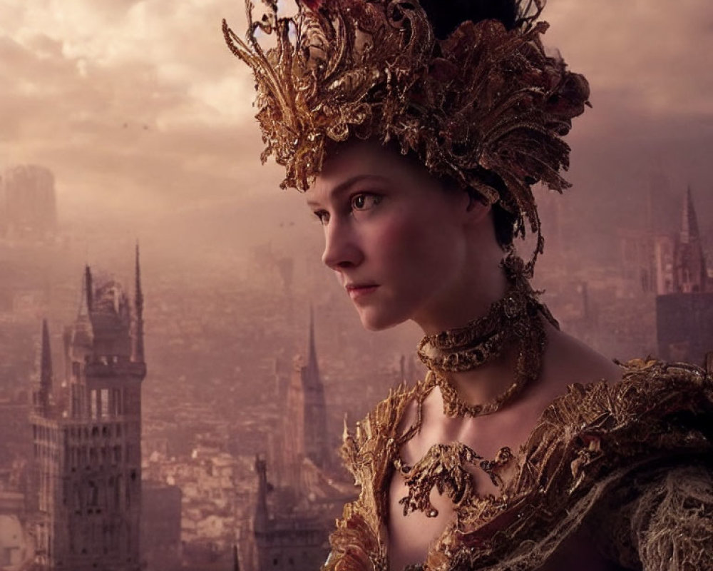 Woman in ornate golden headdress against fantasy cityscape at sunrise/sunset