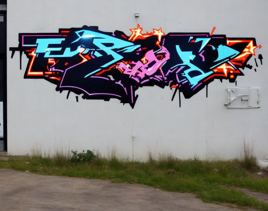 Colorful graffiti artwork with stylized lettering in blue, purple, black, orange, and white