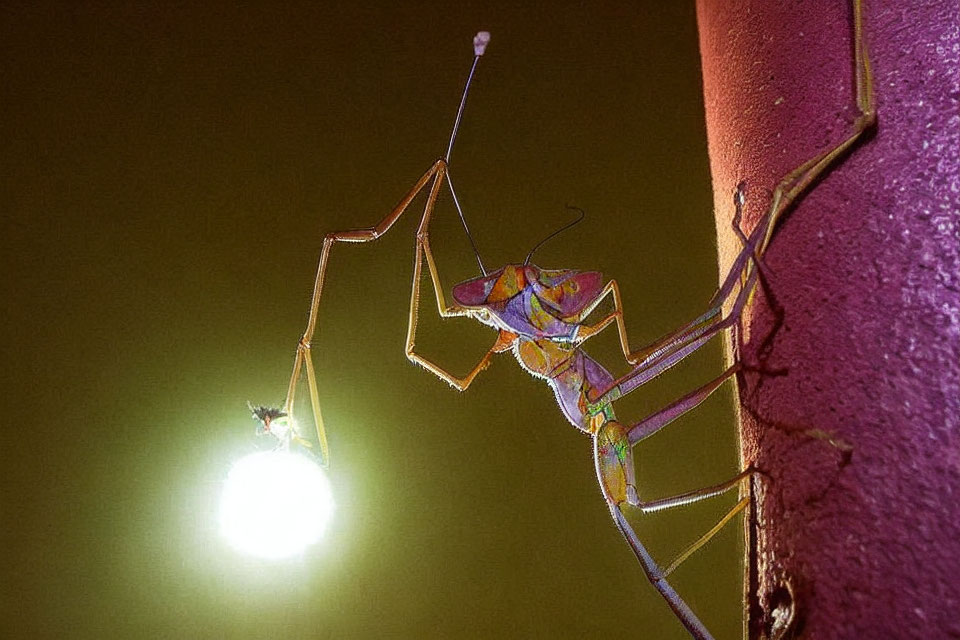 Praying Mantis on Textured Surface Near Glowing Light Bulb