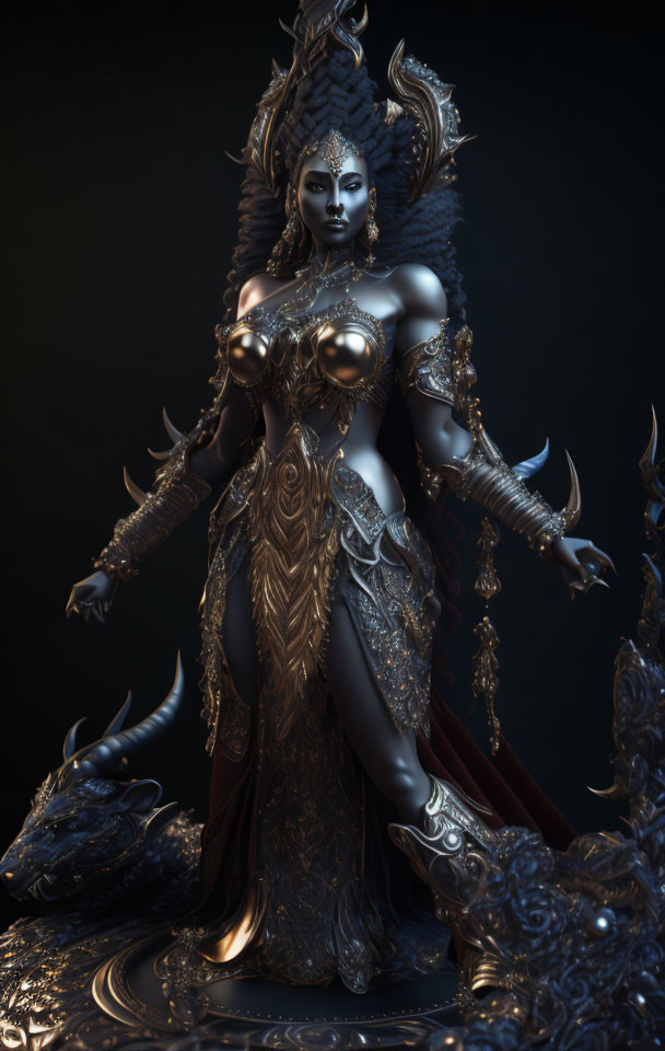 3D-rendered female figure in dark and gold armor with dragon-themed details