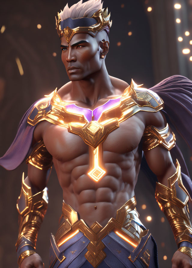 Muscular animated character in golden crown and armor against warm backdrop