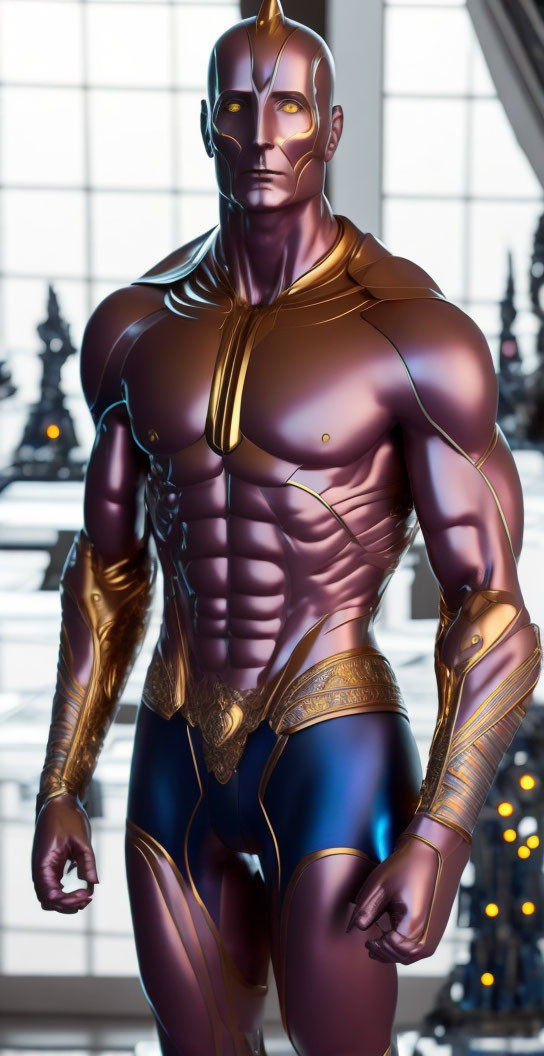 Muscular superhero with golden suit and visor, confidently standing