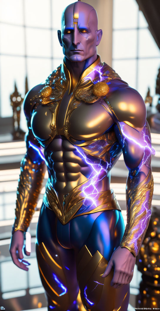 Bald humanoid in golden armor with purple patterns indoors