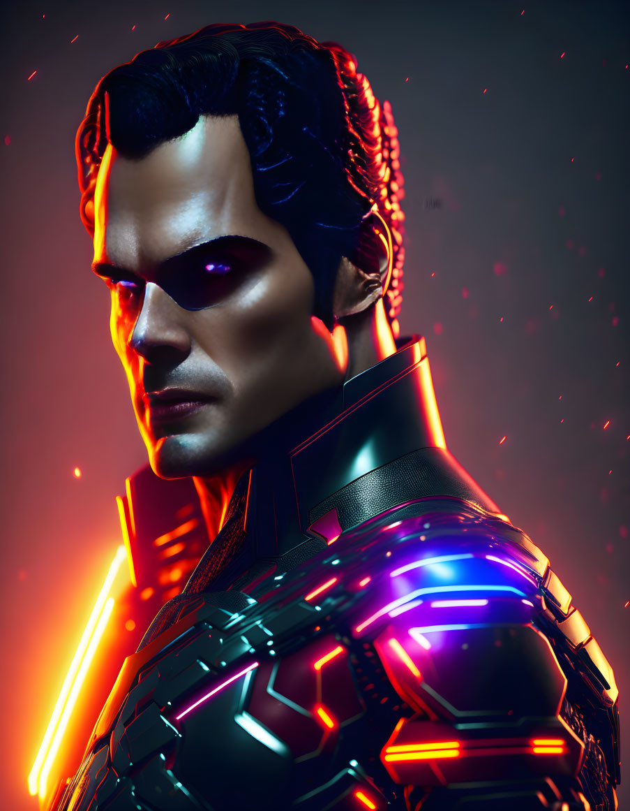 Futuristic male portrait with neon lighting and intricate armor