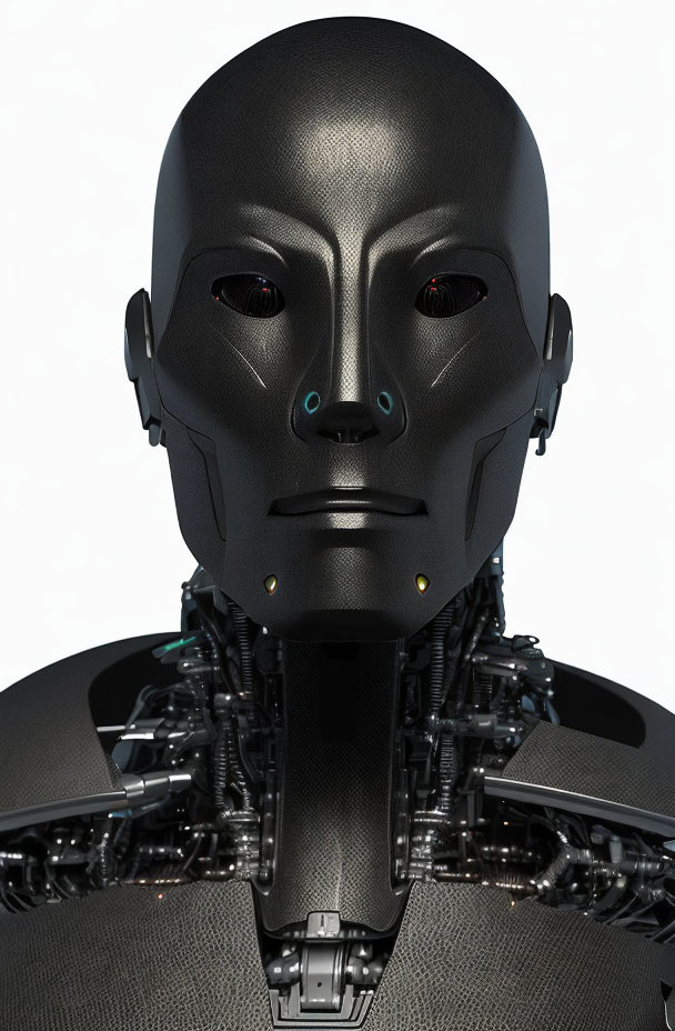 Humanoid Robot with Black Face and Red Eyes on Light Background