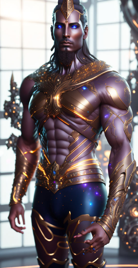 Blue-skinned muscular figure in golden cosmic armor standing in room with circular windows