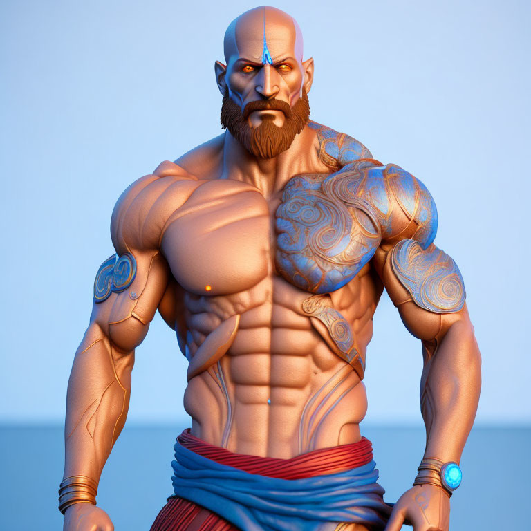 Muscular bearded figure in red sash and blue gauntlets on blue background