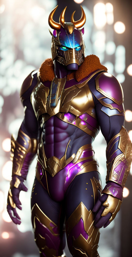 Futuristic armored figure with gold accents and horned helmet in glowing background