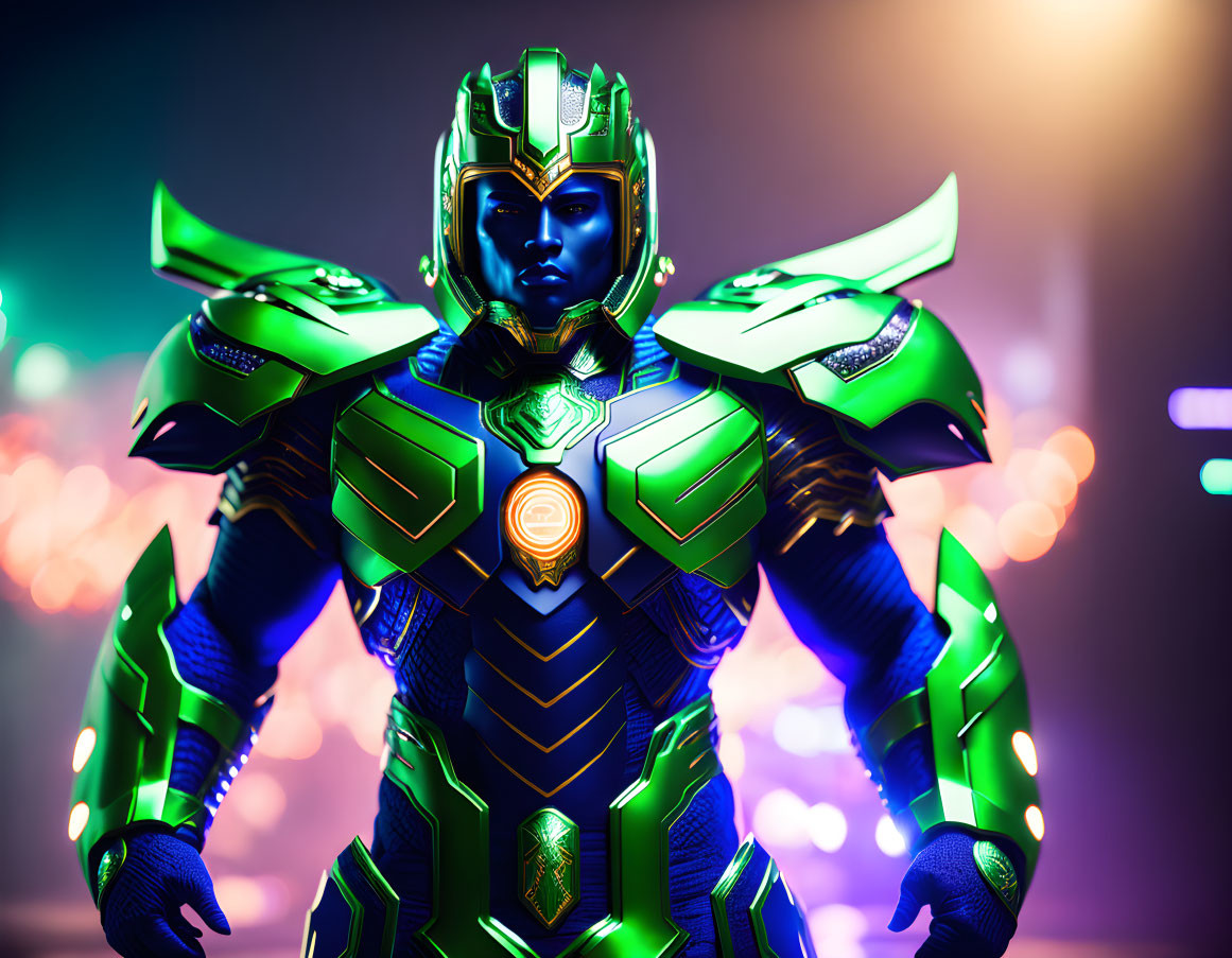 Futuristic figure in blue and green armor with glowing lines and central chest piece