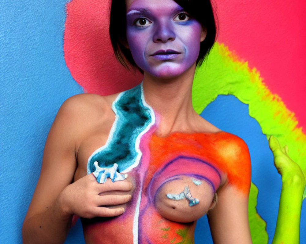 Vibrant Body Paint in Blue, Purple, Green, Orange, and Yellow on Woman