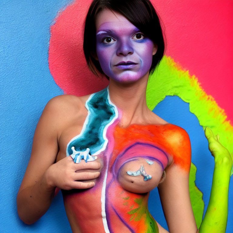 Vibrant Body Paint in Blue, Purple, Green, Orange, and Yellow on Woman