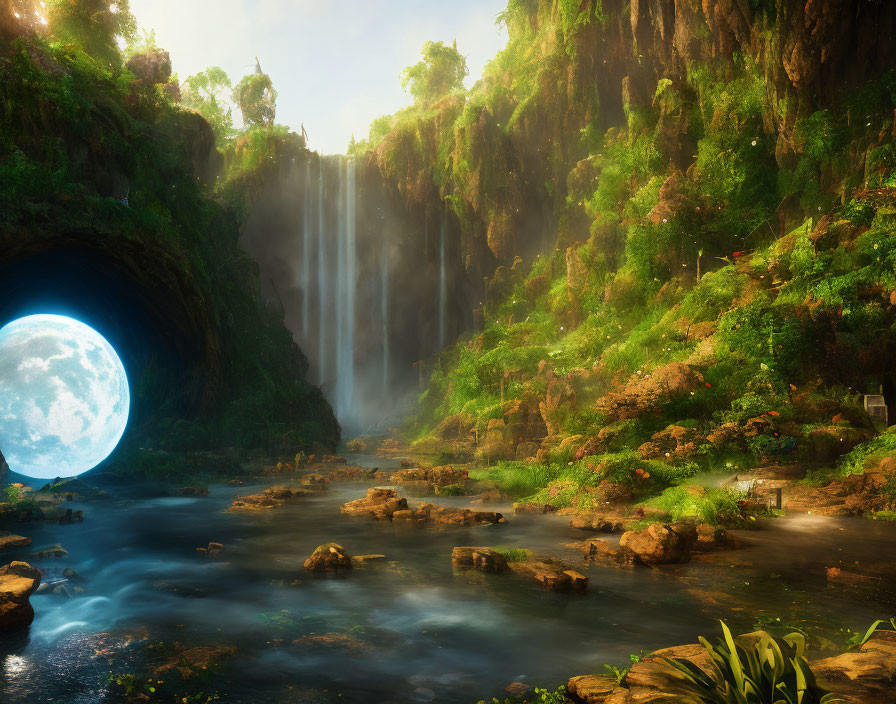 Fantasy landscape with lush valley, waterfalls, river, and rising moon