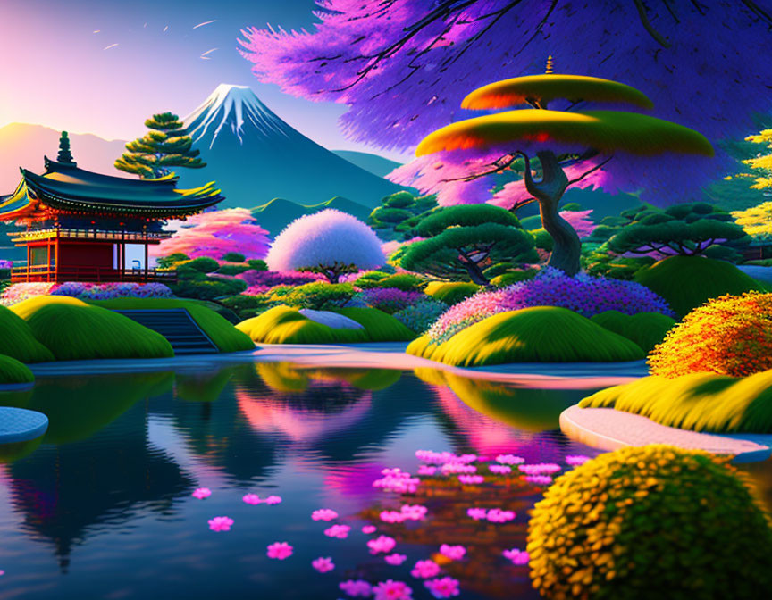 Colorful surreal landscape with pagoda, Mount Fuji, and serene pond.