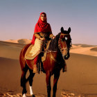 Woman in red headscarf on decorated horse in desert landscape