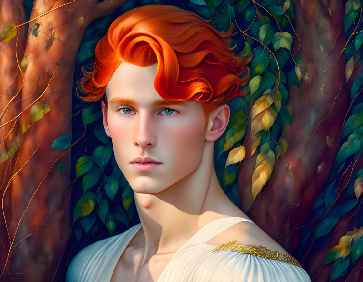 Vibrant red hair and blue eyes in digital portrait against lush greenery