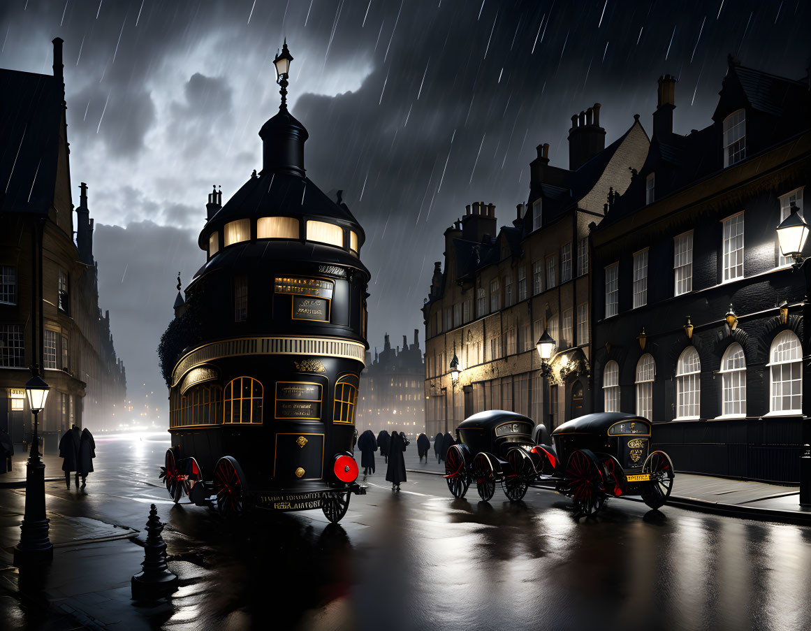 Vintage cars and tram on rainy cobbled street at night