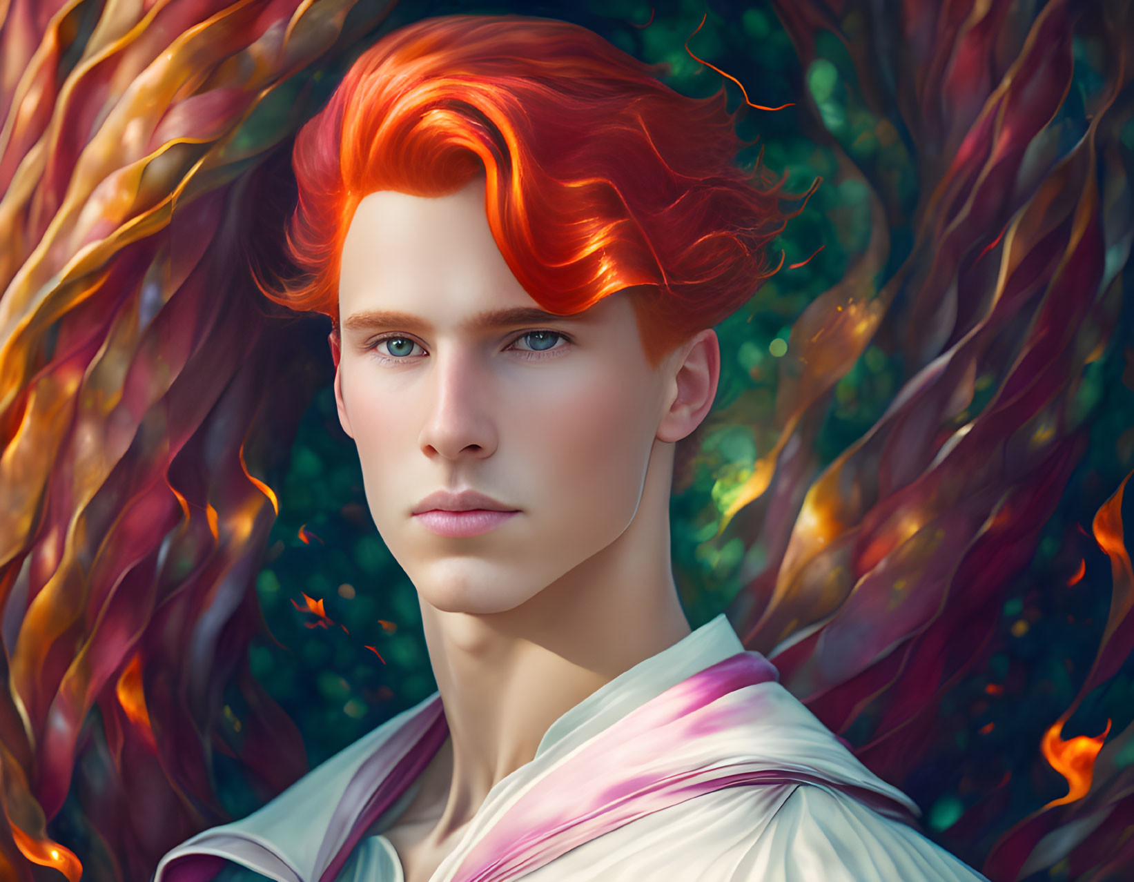 Digital Artwork: Person with Red Hair and Blue Eyes in Autumn Setting