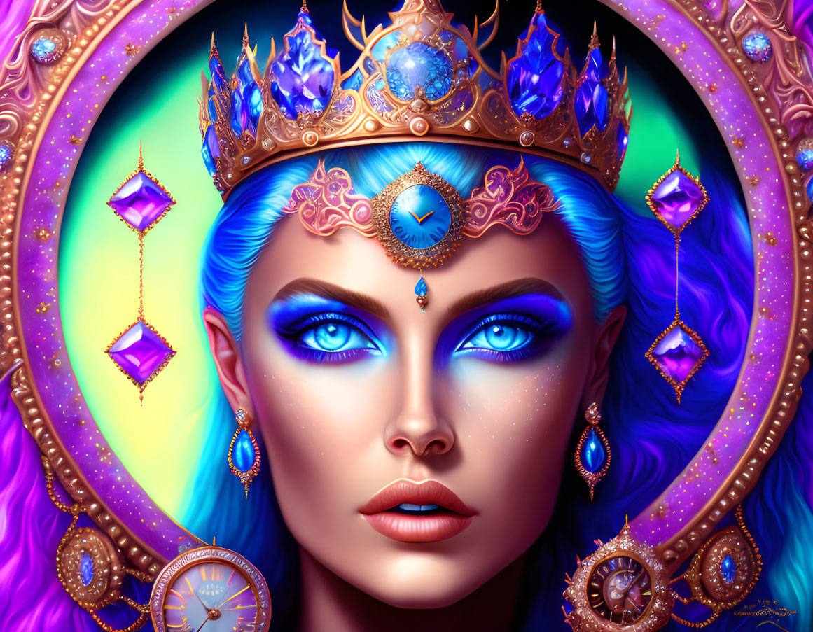 Woman with Blue Hair and Crown in Fantasy Frame