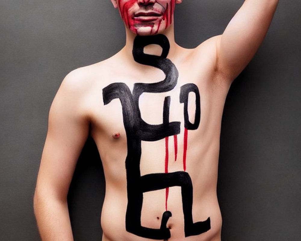 Black and Red Face and Body Paint on Person Against Gray Background