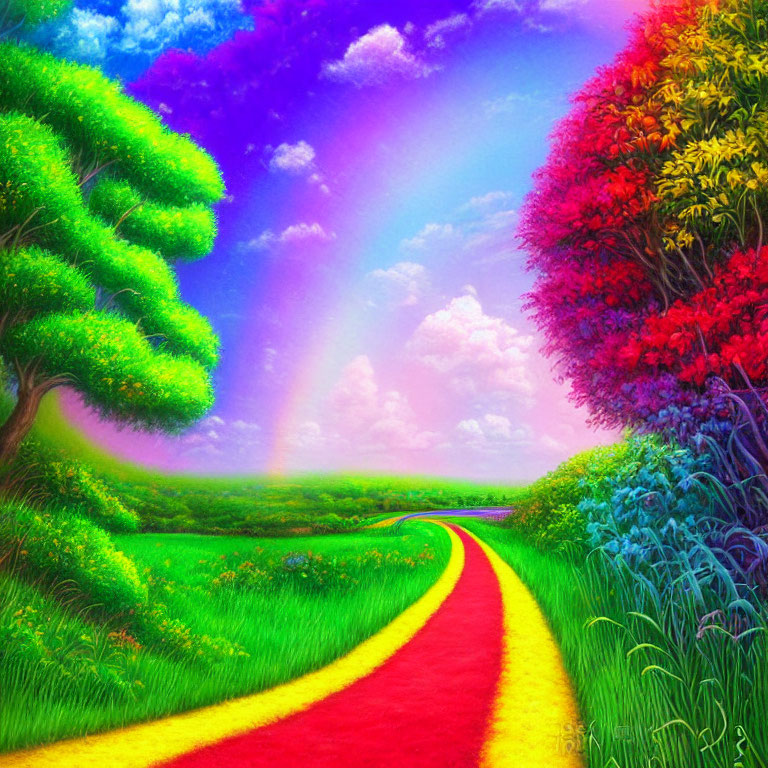 Colorful painting of whimsical path in lush landscape with rainbow