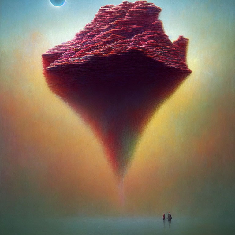 Surreal image of oversized red rock floating above small figures