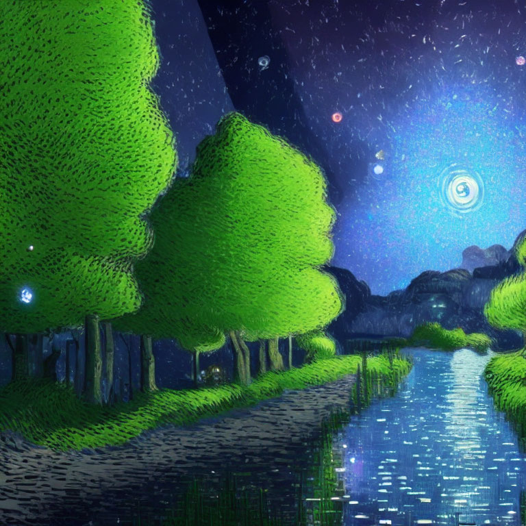 Starry Night Sky Over Serene River and Lush Greenery