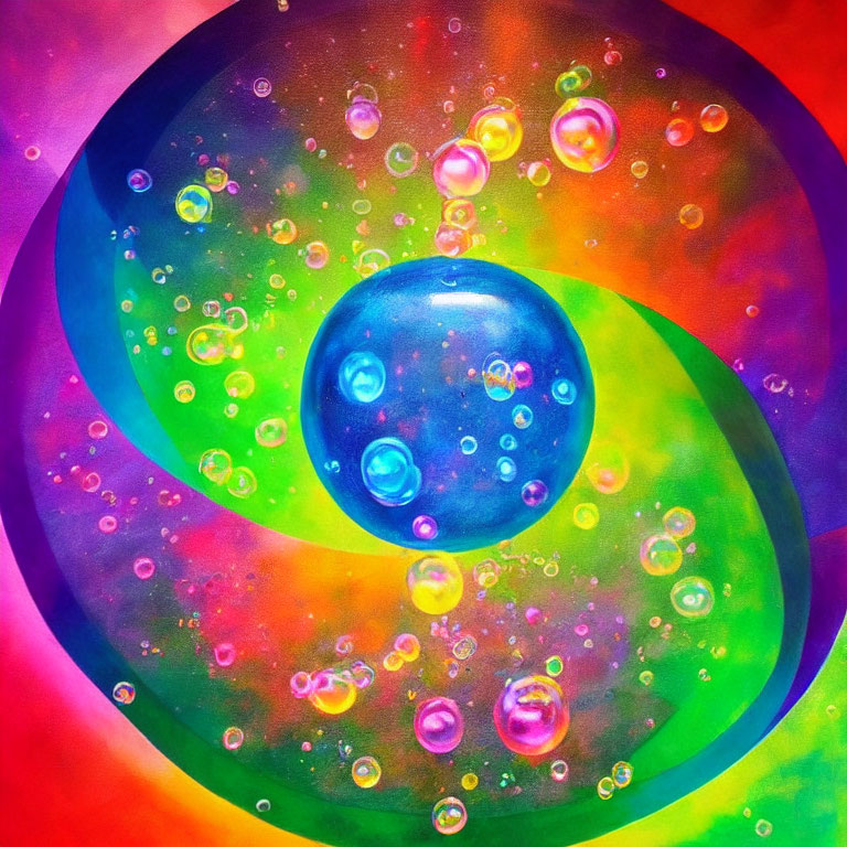 Colorful Cosmic Painting with Swirling Bubbles and Hues