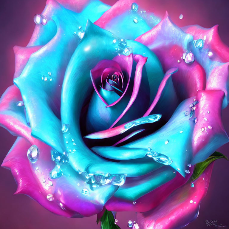 Colorful digital rose artwork with blue and pink hues and water droplets