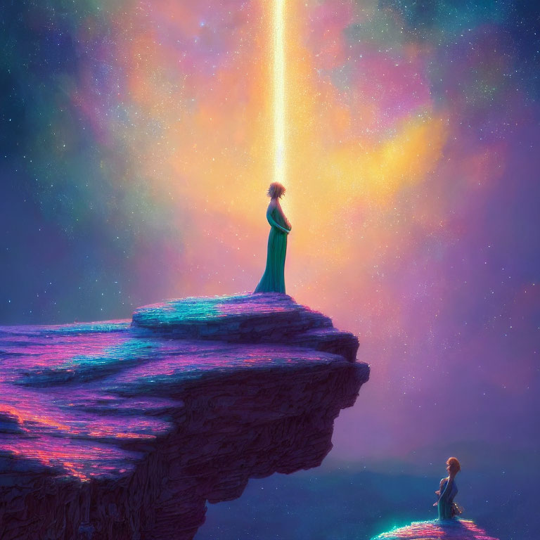 Person on Cliff Watching Cosmic Light Beam Meeting Figure Under Starry Sky