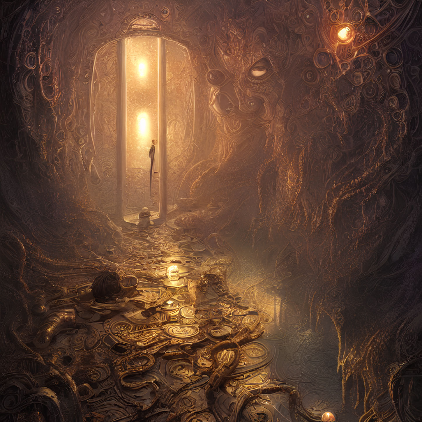 Mystical underground chamber with golden hues and floating orbs