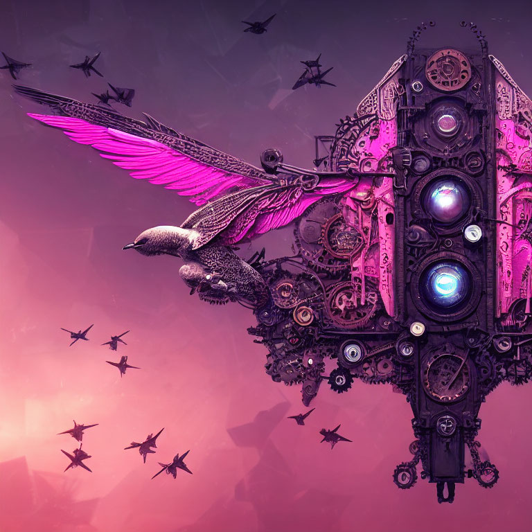 Mechanical bird with wings flying in surreal futuristic scene