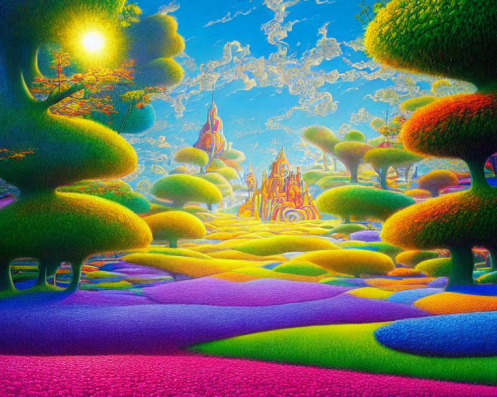 Colorful landscape with fluffy trees, radiant sun, castle, and rolling hills