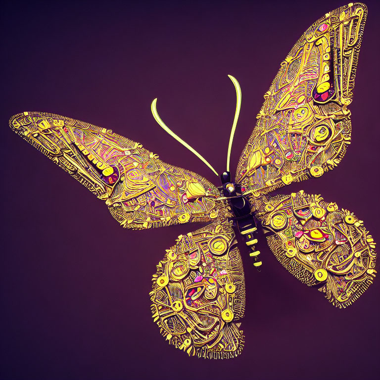 Golden Butterfly with Intricate Patterns on Purple Background