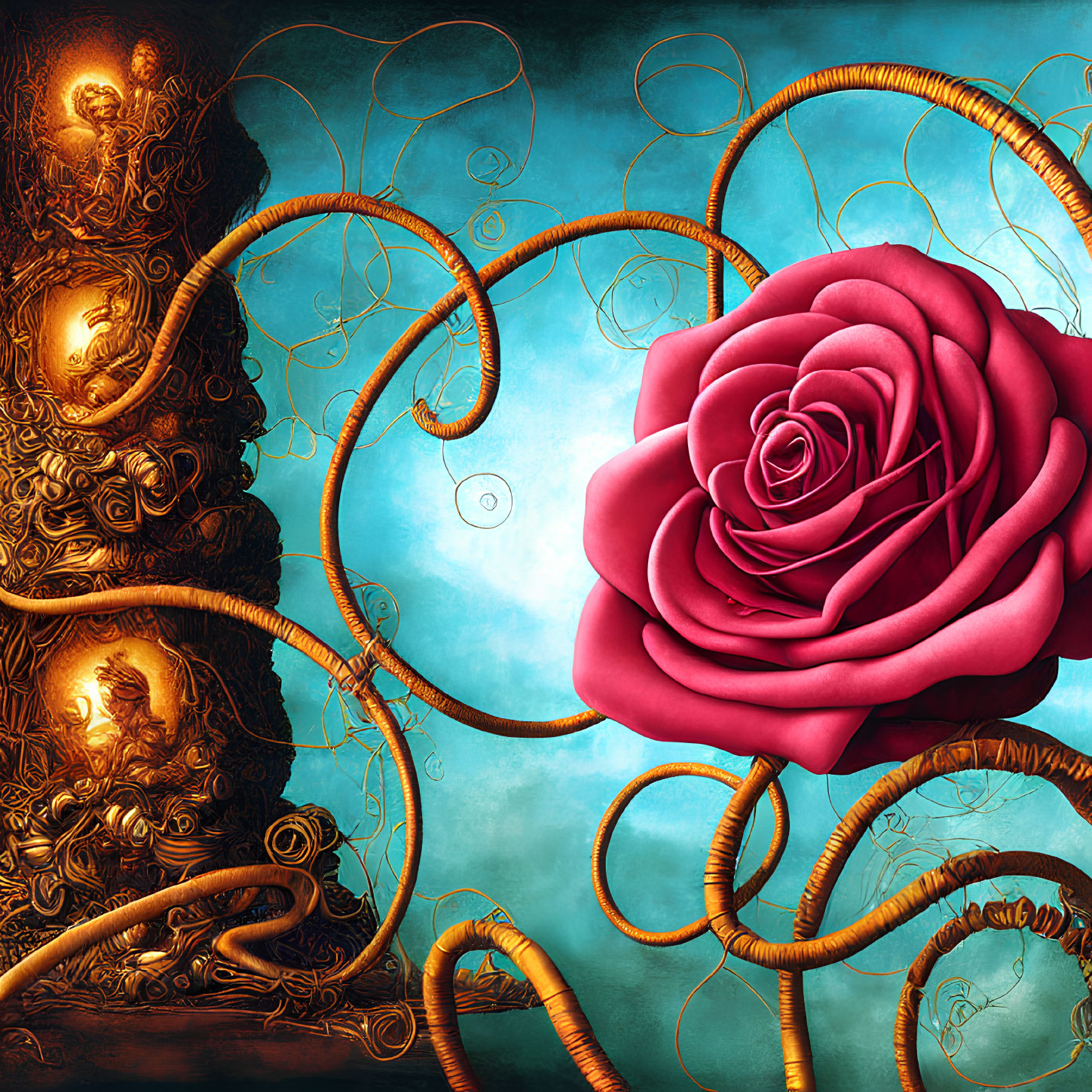 Vibrant red rose with gold wires on surreal blue backdrop and golden sculptures