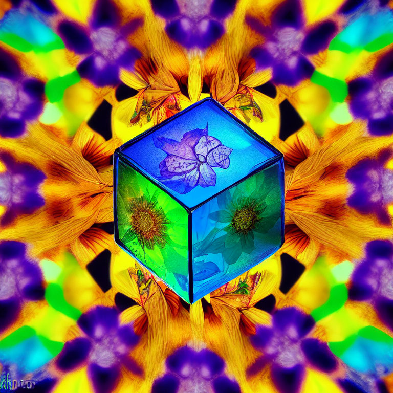 Vivid Abstract Art: Blue Cube with Floral Elements surrounded by Kaleidoscopic Colors