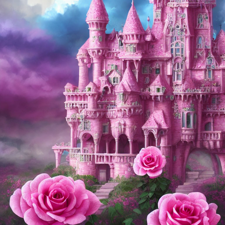 Pink castle with spires and roses in a fantastical setting