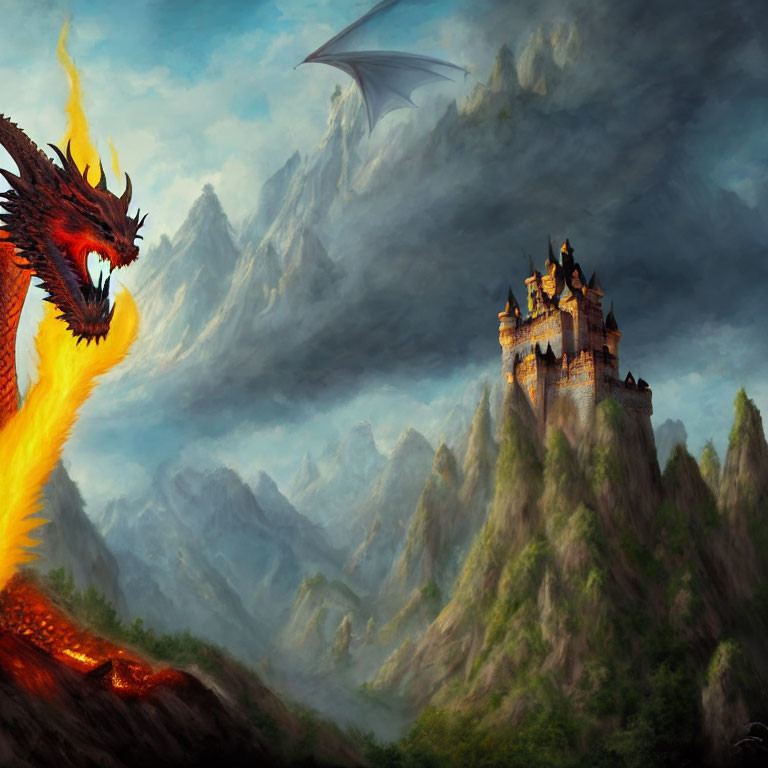 Majestic dragon breathing fire near castle on steep cliff