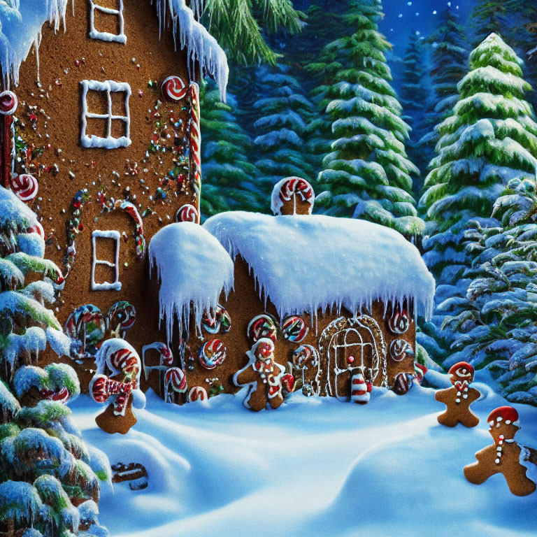 Festive gingerbread house in snowy winter landscape