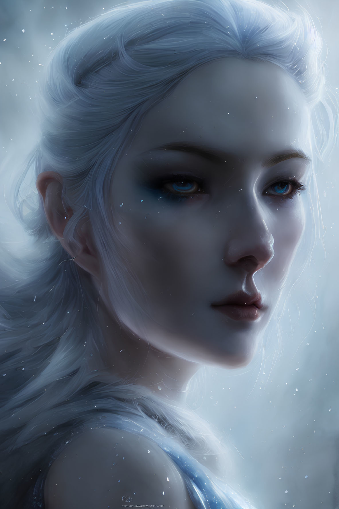 Digital illustration of pale-skinned woman with blue eyes and white hair against snowy backdrop