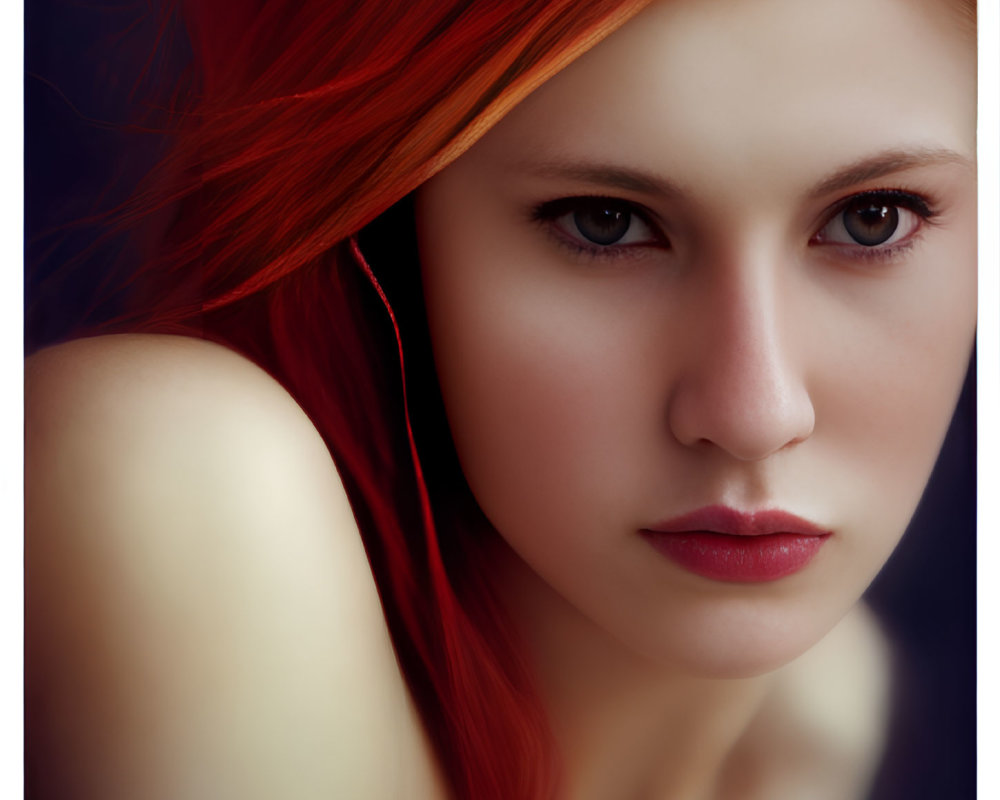 Close-up Portrait of Woman with Vibrant Red Hair and Piercing Gaze