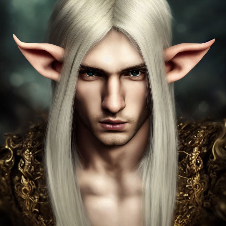 Digital portrait of fantasy character with pointed ears, long blond hair, stern expression, and golden shoulder armor