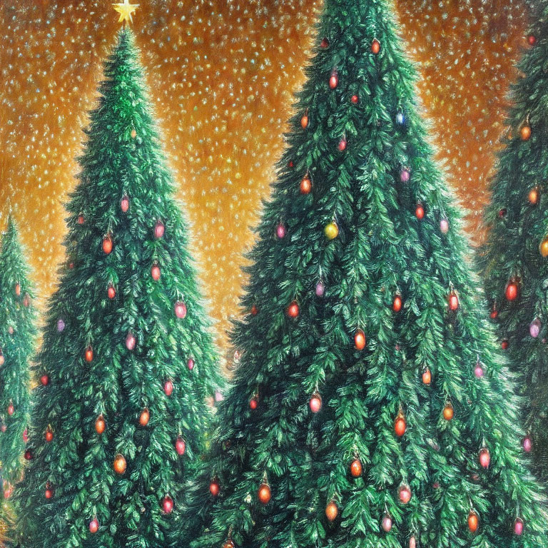 Colorful Ornaments on Decorated Christmas Trees Under Starry Night Sky