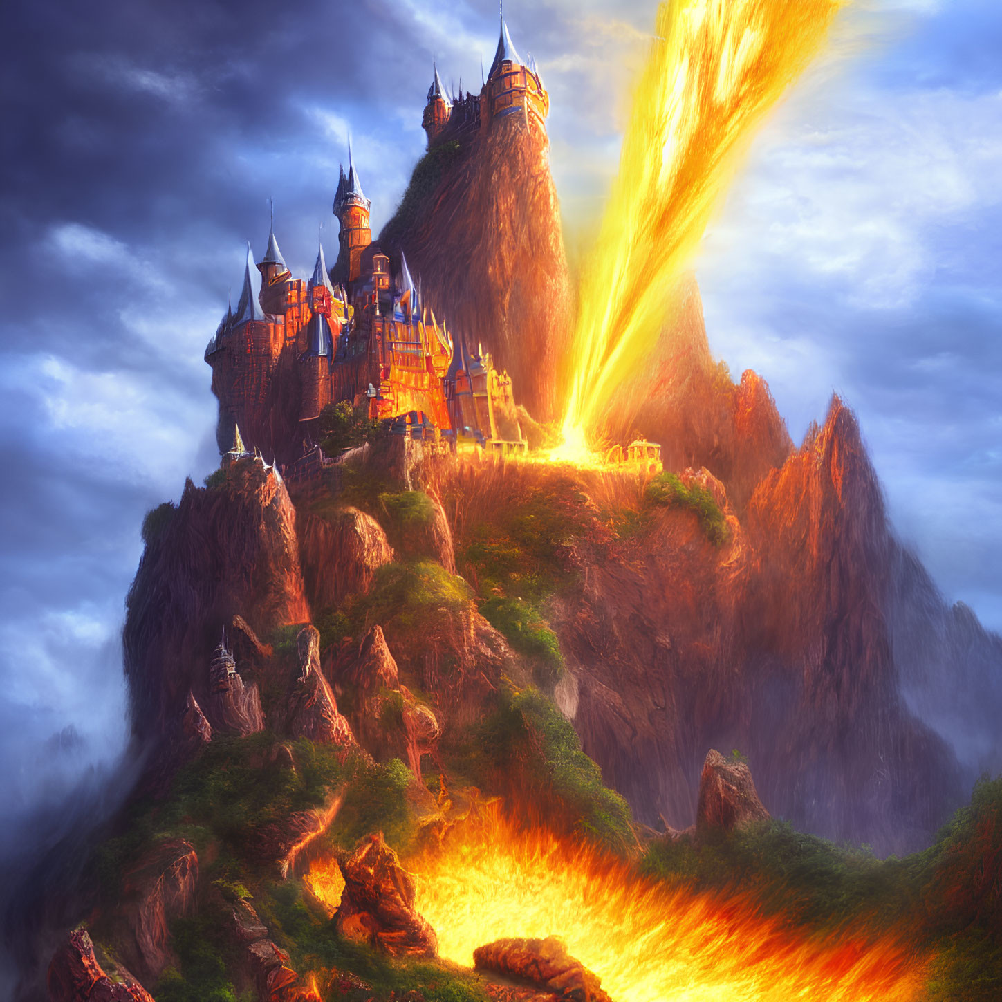 Majestic castle on craggy peak with fiery beam in dramatic dusk cloudscape