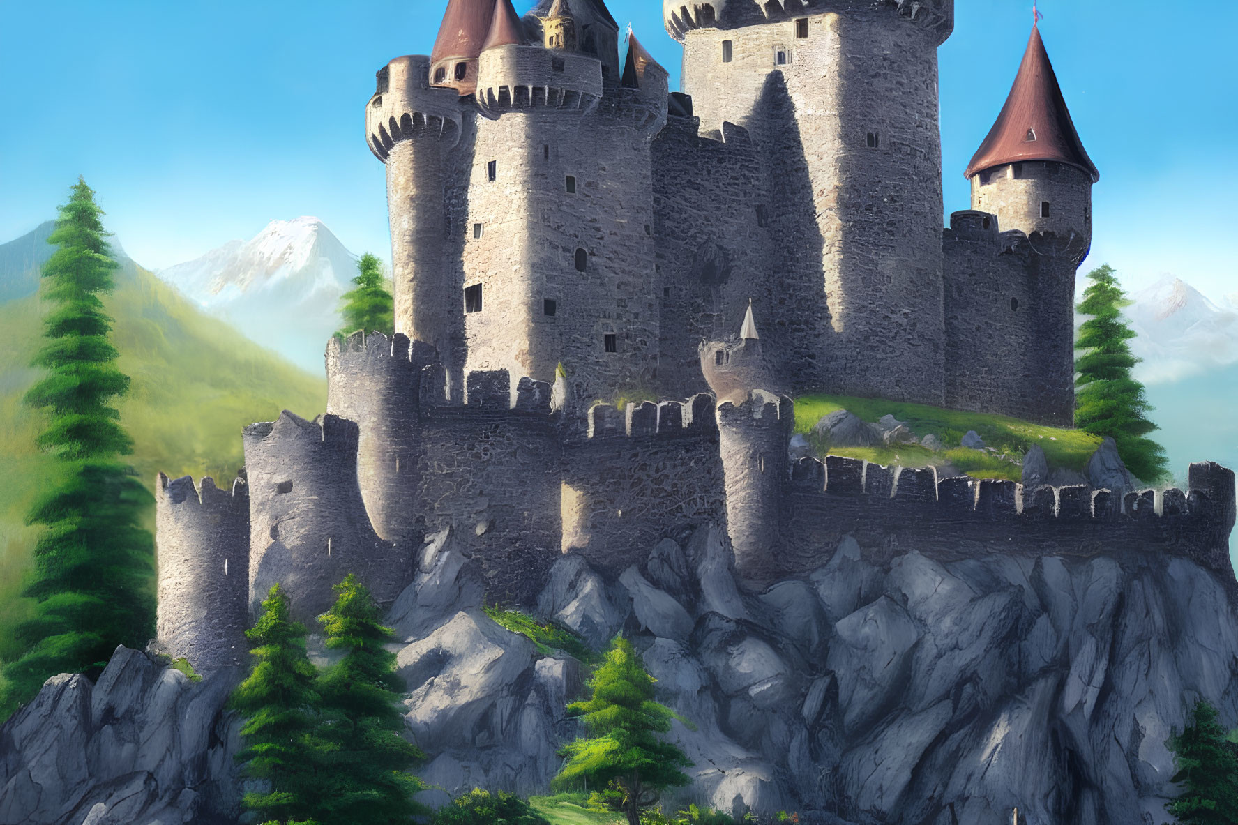 Stone castle with towers on rugged cliff surrounded by greenery & mountains